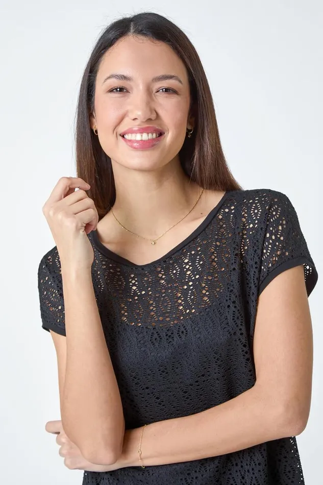 Women Black Crochet Overlay Stretch Top Roman Tops