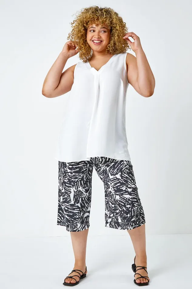 Women Black Curve Abstract Print Stretch Cropped Culottes Roman Trousers