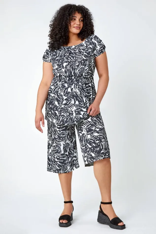 Women Black Curve Abstract Print Stretch Cropped Culottes Roman Trousers
