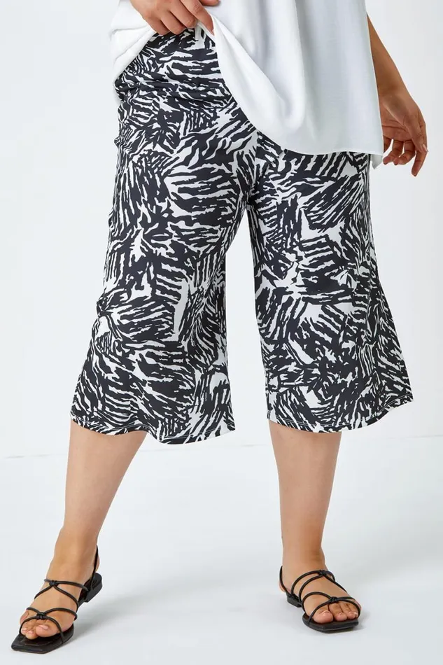 Women Black Curve Abstract Print Stretch Cropped Culottes Roman Trousers