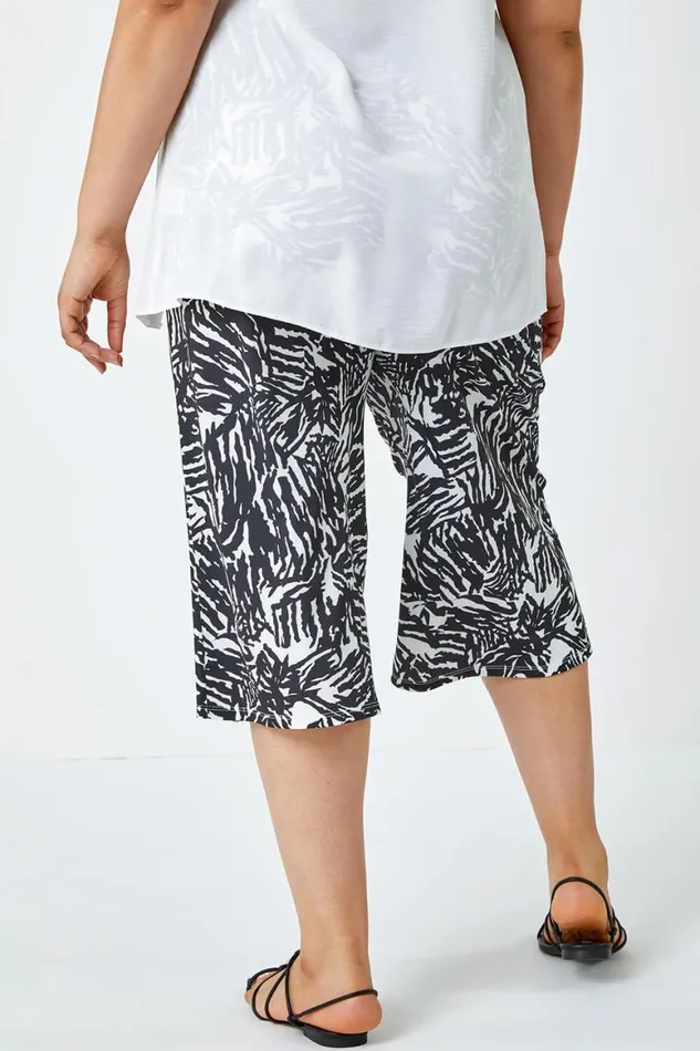 Women Black Curve Abstract Print Stretch Cropped Culottes Roman Trousers