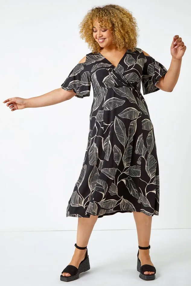 Women Black Curve Cold Shoulder Floral Wrap Dress Roman Dresses