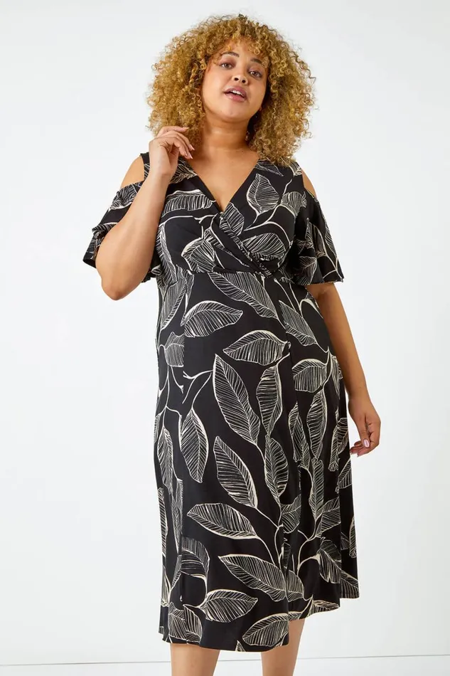 Women Black Curve Cold Shoulder Floral Wrap Dress Roman Dresses