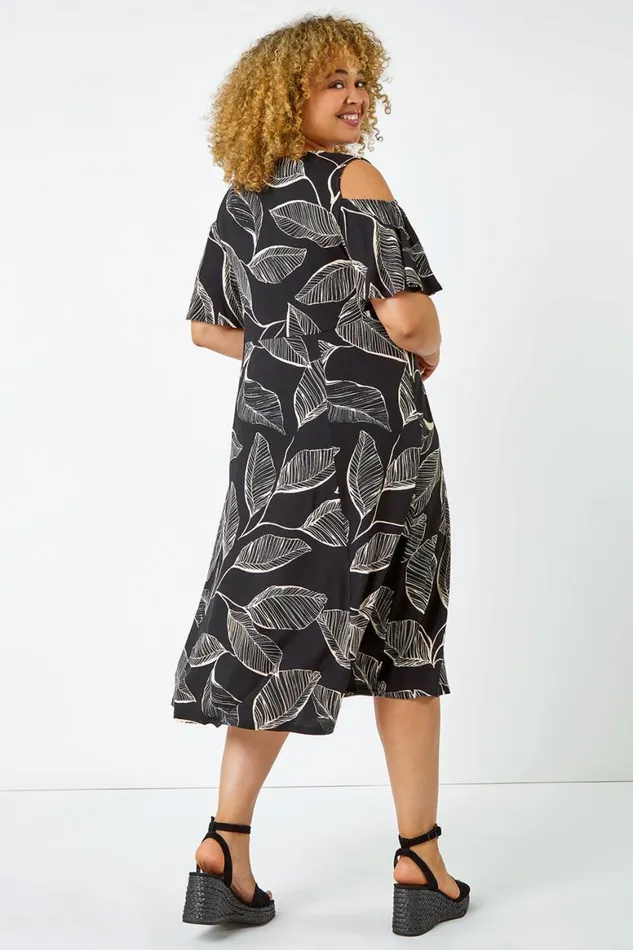 Women Black Curve Cold Shoulder Floral Wrap Dress Roman Dresses