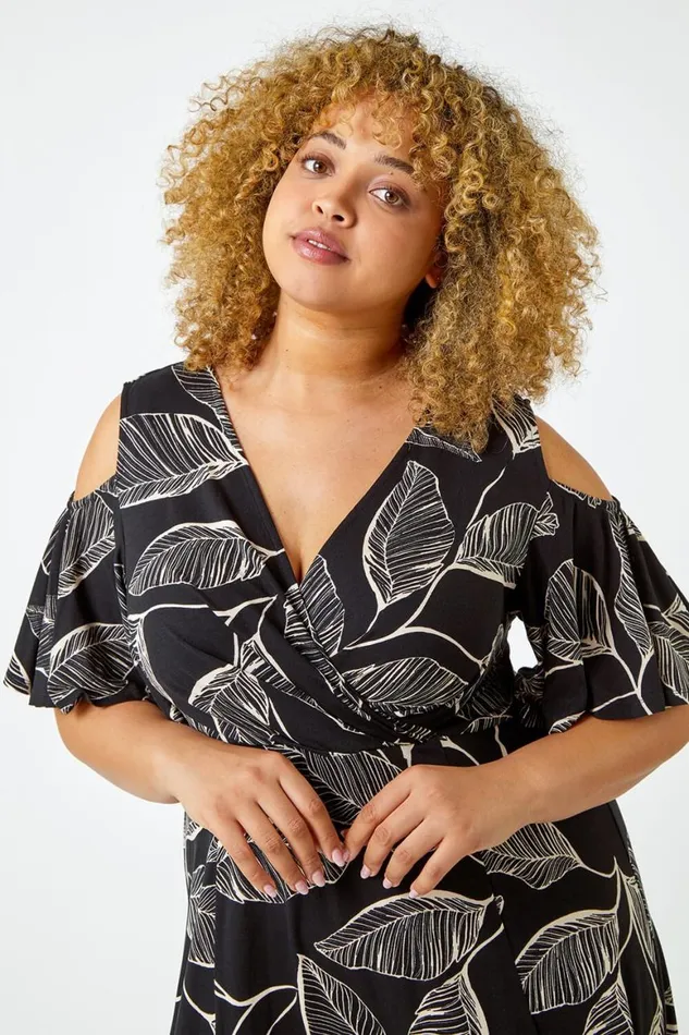 Women Black Curve Cold Shoulder Floral Wrap Dress Roman Dresses