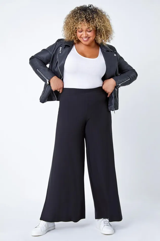 Women Black Curve Elastic Waist Wide Leg Trousers Roman Trousers