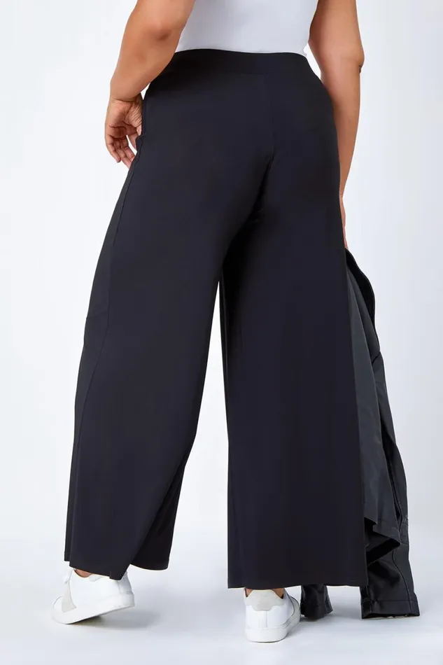 Women Black Curve Elastic Waist Wide Leg Trousers Roman Trousers