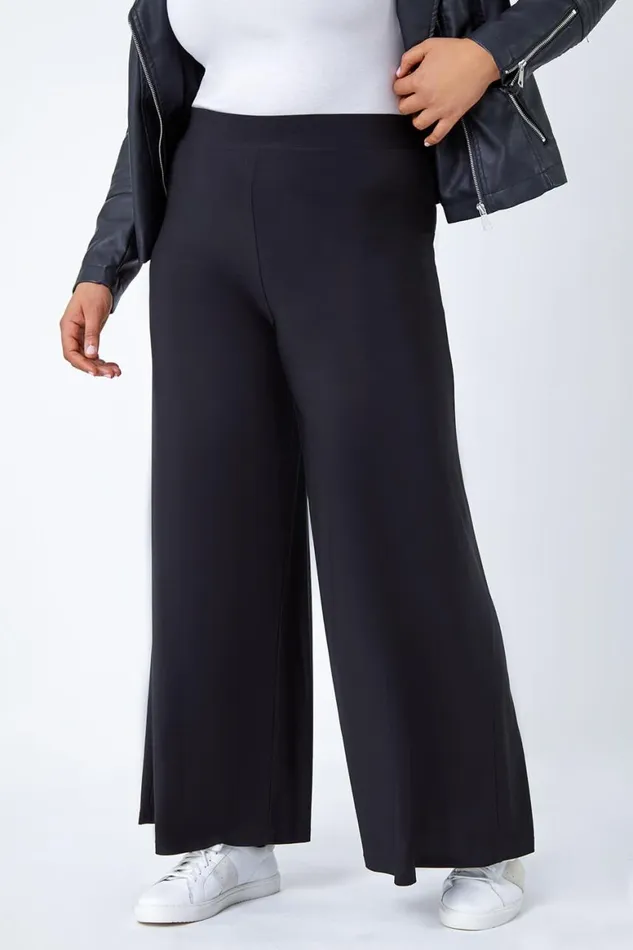 Women Black Curve Elastic Waist Wide Leg Trousers Roman Trousers