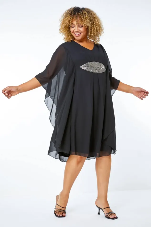 Women Black Curve Embellished Chiffon Overlay Dress Roman Dresses