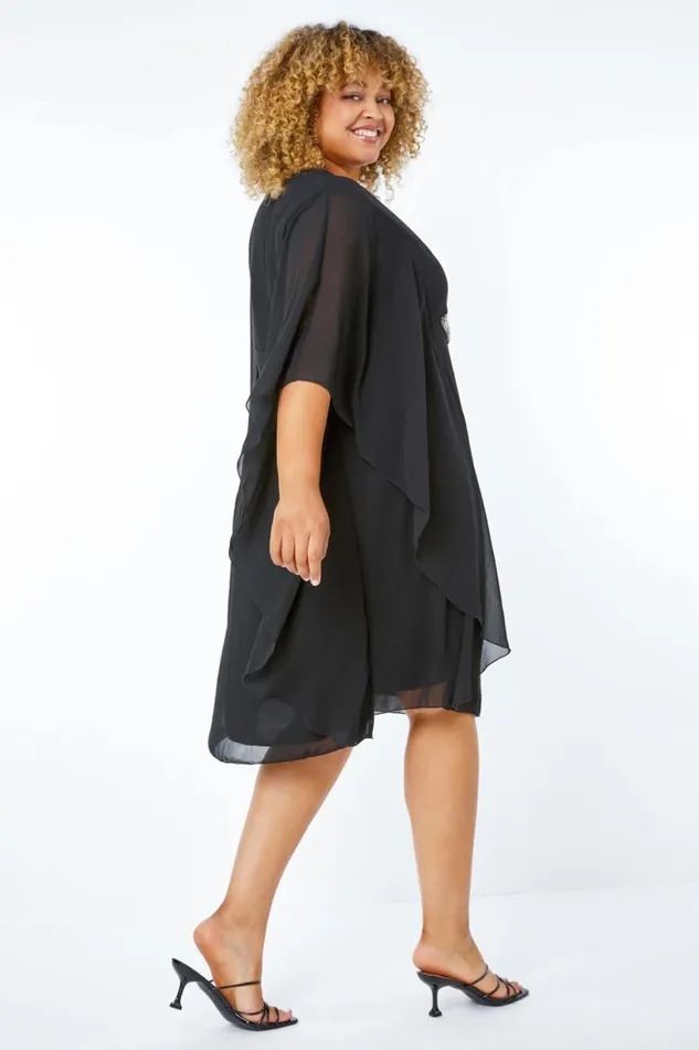 Women Black Curve Embellished Chiffon Overlay Dress Roman Dresses
