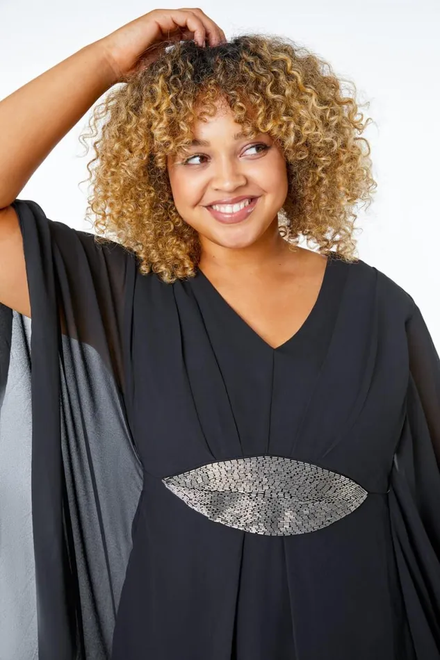 Women Black Curve Embellished Chiffon Overlay Dress Roman Dresses