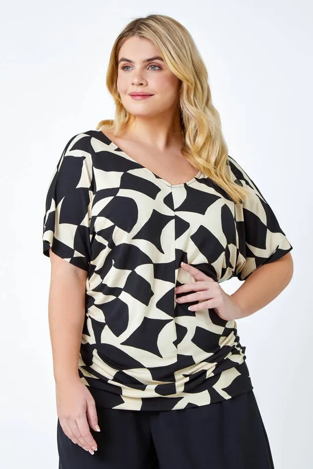 Women Black Curve Geometric Print VNeck Blouson Top Roman Tops