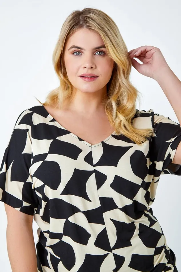 Women Black Curve Geometric Print VNeck Blouson Top Roman Tops