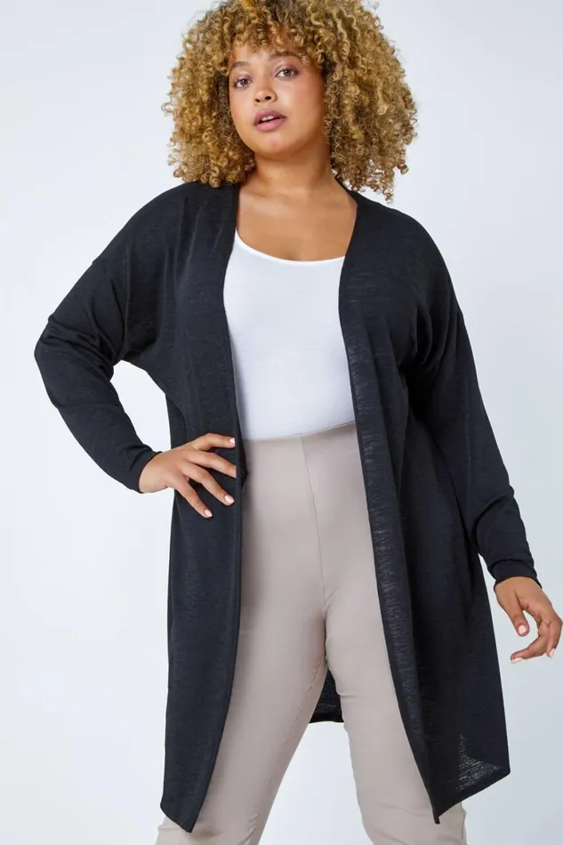 Women Black Curve Longline Cardigan Roman Knitwear