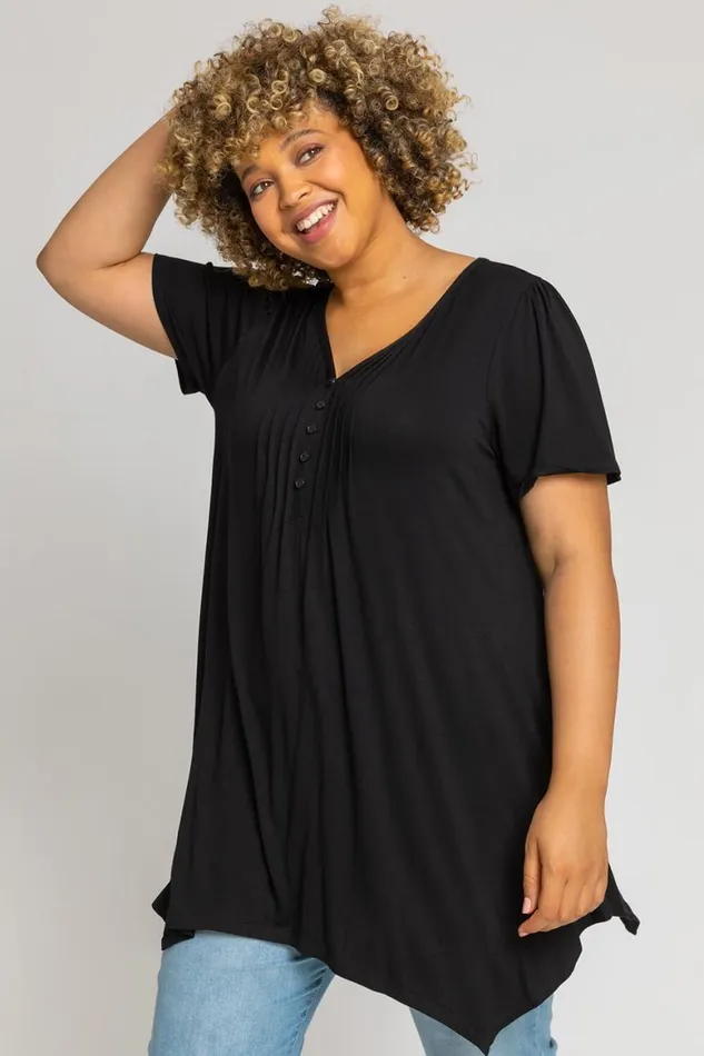 Women Black Curve Plain Hanky Hem Top Roman Tops