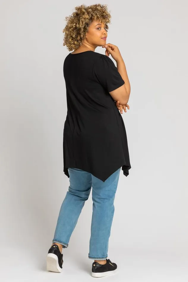 Women Black Curve Plain Hanky Hem Top Roman Tops