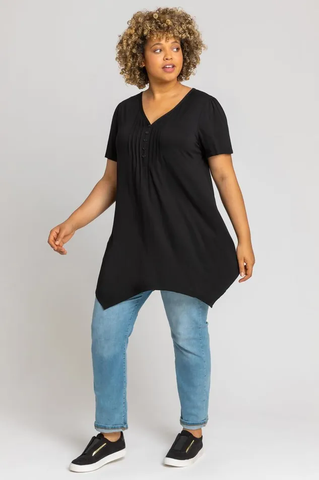 Women Black Curve Plain Hanky Hem Top Roman Tops
