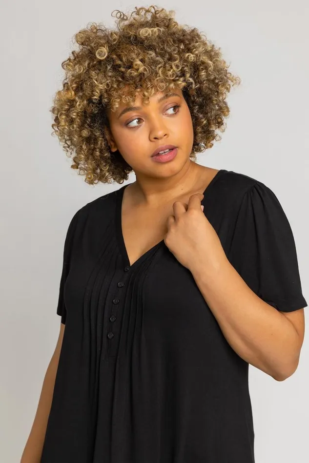 Women Black Curve Plain Hanky Hem Top Roman Tops