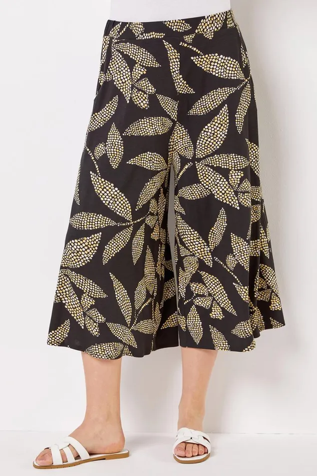 Women Black Curve Spot Leaf Elastic Waist Culotte Trousers Roman Occasionwear