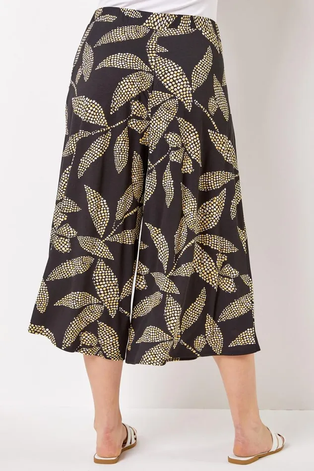Women Black Curve Spot Leaf Elastic Waist Culotte Trousers Roman Occasionwear