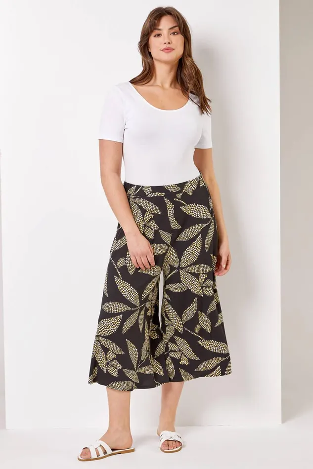 Women Black Curve Spot Leaf Elastic Waist Culotte Trousers Roman Occasionwear