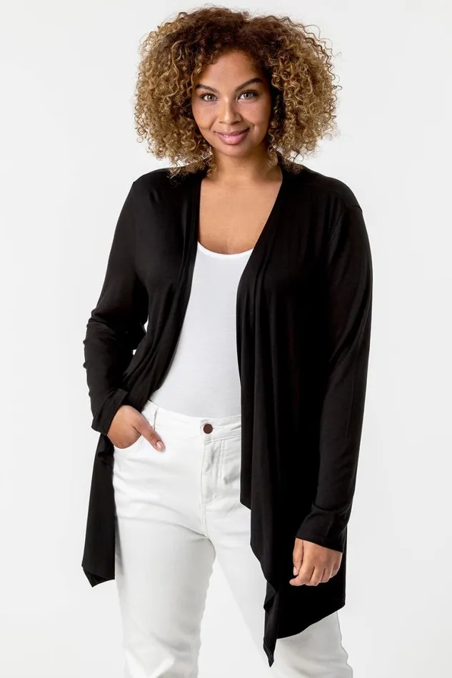 Women Black Curve Waterfall Front Jersey Cardigan Roman Knitwear