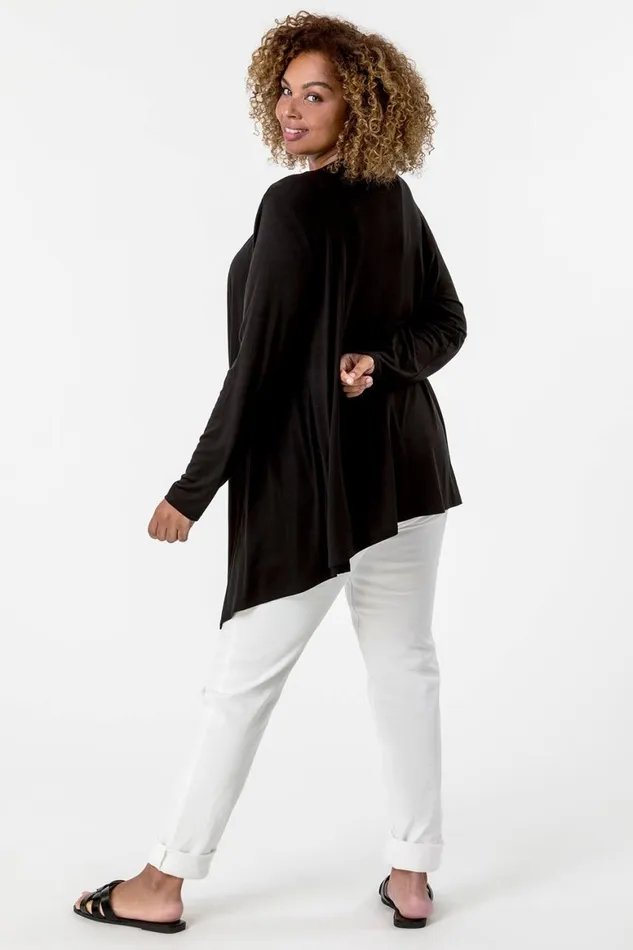 Women Black Curve Waterfall Front Jersey Cardigan Roman Knitwear