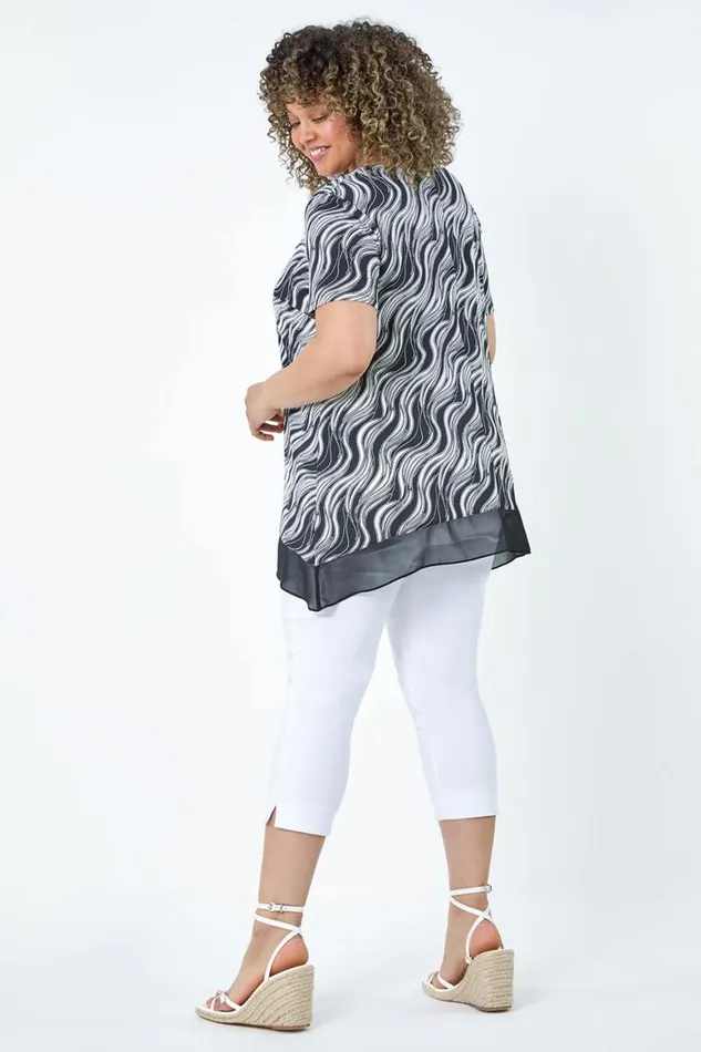 Women Black Curve Wave Print Chiffon Hem Tunic Top Roman Tops