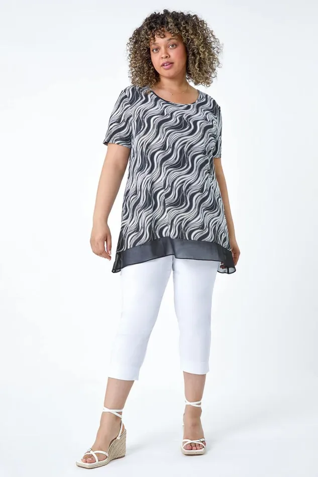 Women Black Curve Wave Print Chiffon Hem Tunic Top Roman Tops