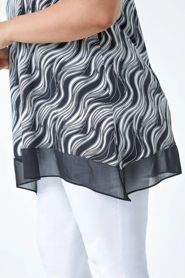 Women Black Curve Wave Print Chiffon Hem Tunic Top Roman Tops