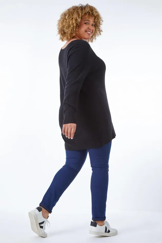 Women Black Curve Wide Sleeve Knitted Jumper Roman Knitwear