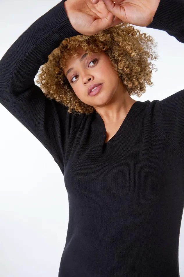 Women Black Curve Wide Sleeve Knitted Jumper Roman Knitwear