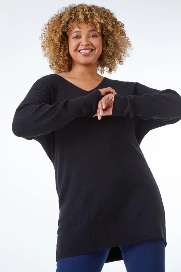 Women Black Curve Wide Sleeve Knitted Jumper Roman Knitwear