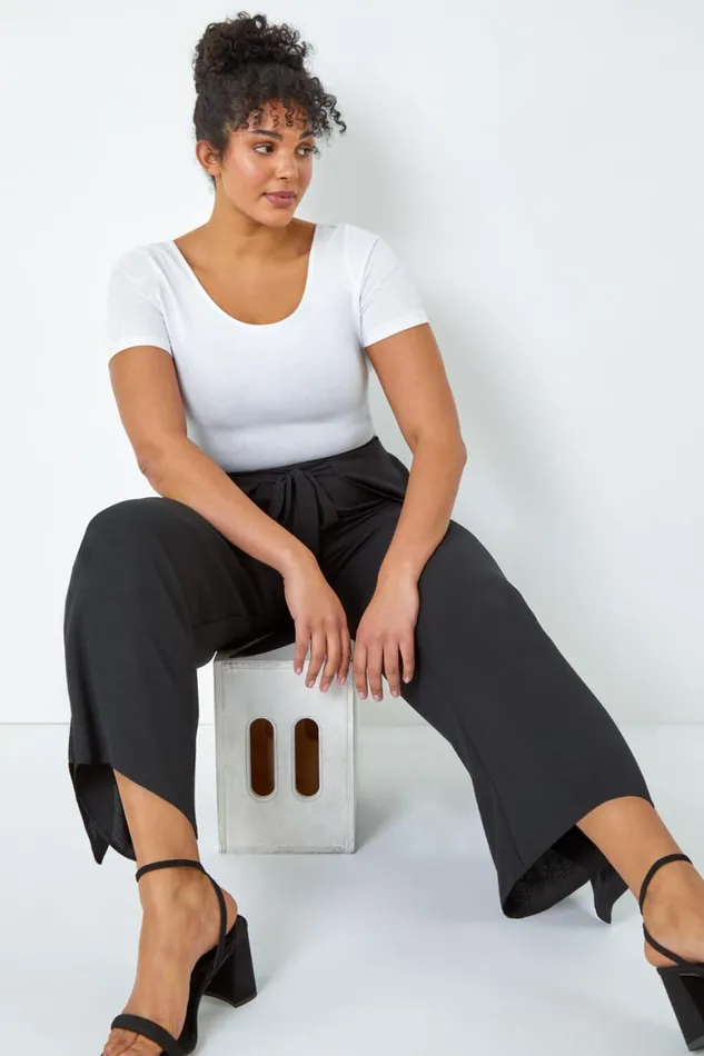 Women Black Curve Wrap Tie Wide Leg Trousers Roman Trousers