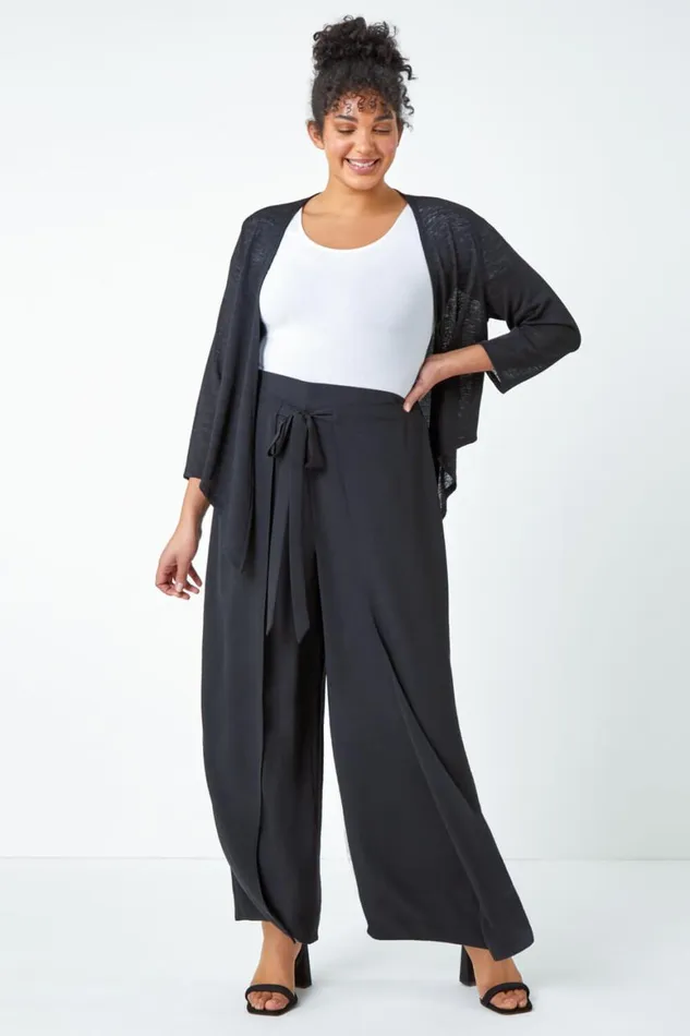 Women Black Curve Wrap Tie Wide Leg Trousers Roman Trousers