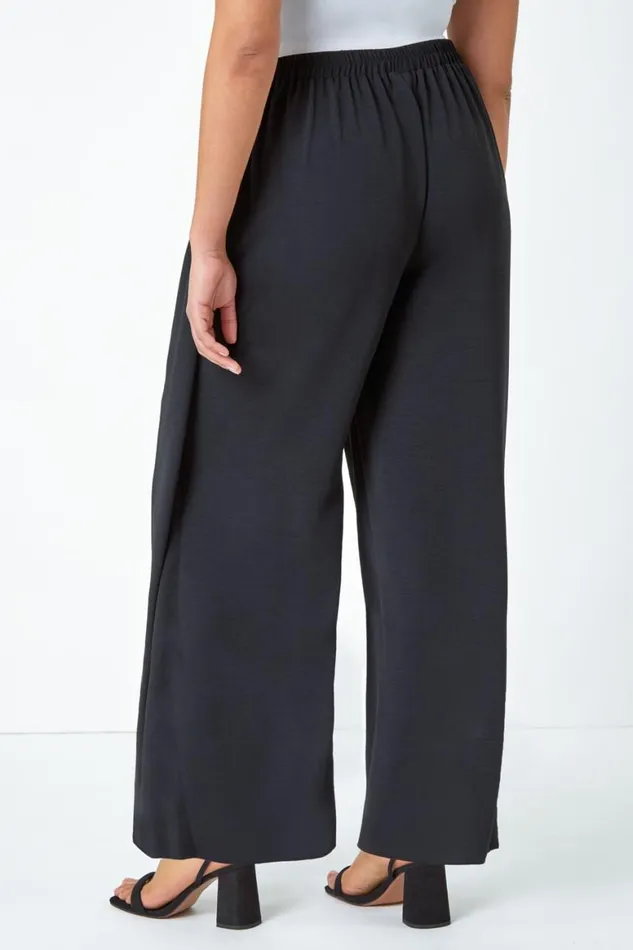 Women Black Curve Wrap Tie Wide Leg Trousers Roman Trousers