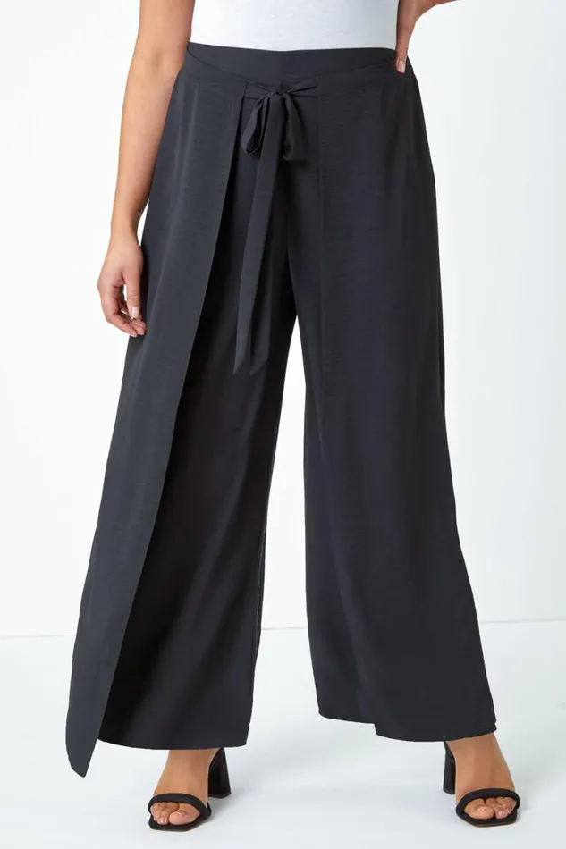Women Black Curve Wrap Tie Wide Leg Trousers Roman Trousers