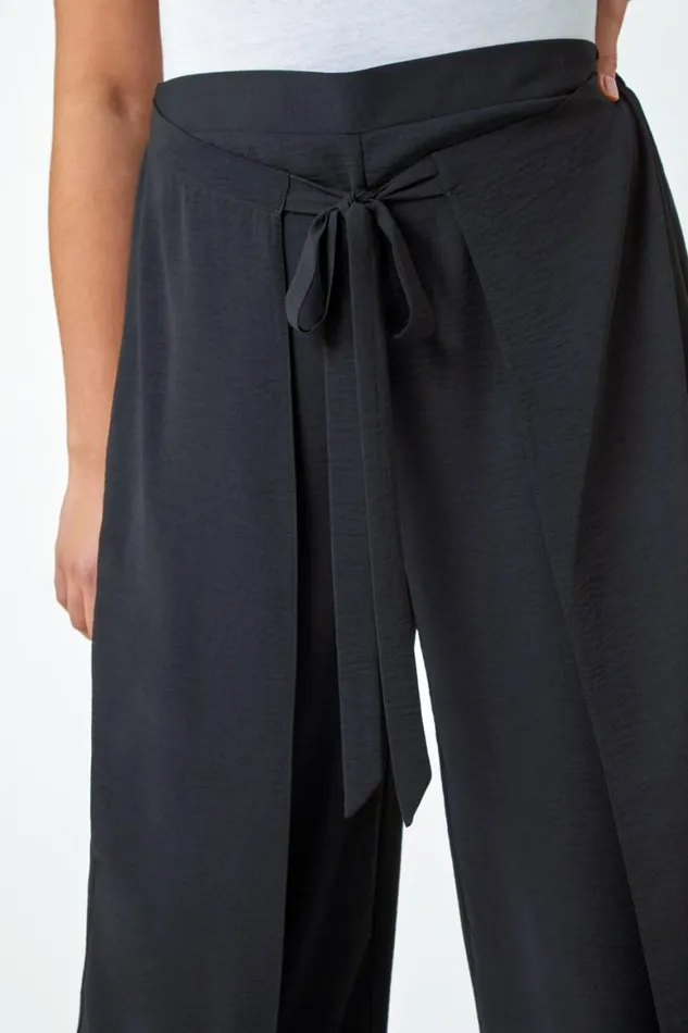 Women Black Curve Wrap Tie Wide Leg Trousers Roman Trousers