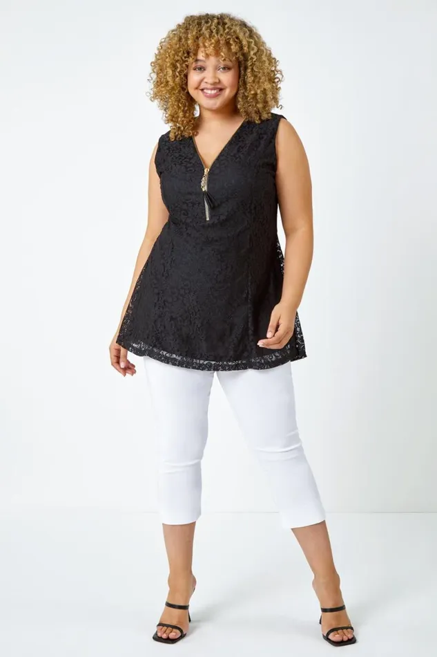 Women Black Curve Zip Detail Lace Top Roman Tops
