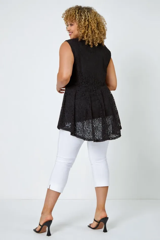 Women Black Curve Zip Detail Lace Top Roman Tops