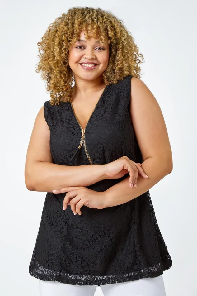 Women Black Curve Zip Detail Lace Top Roman Tops