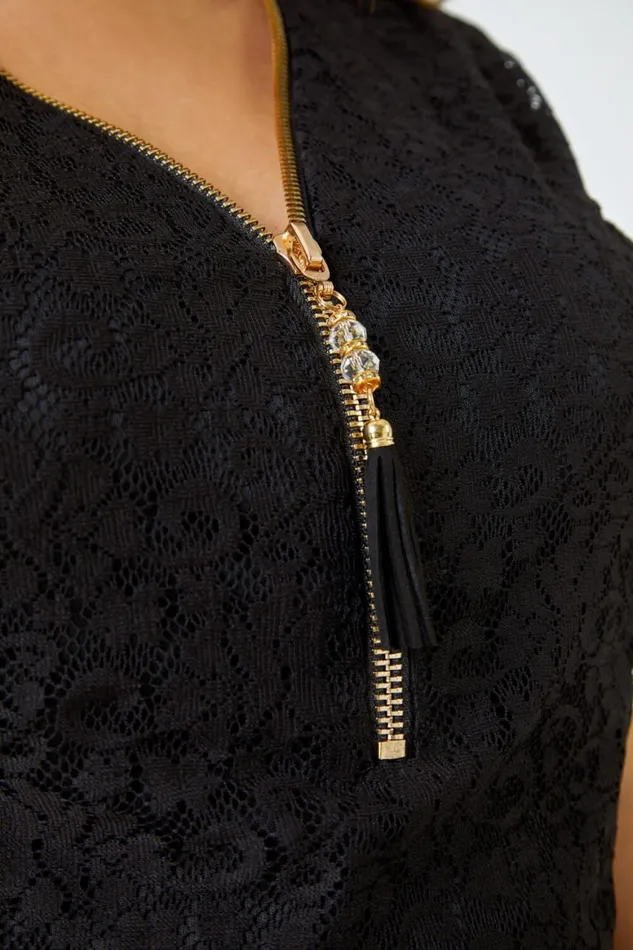Women Black Curve Zip Detail Lace Top Roman Tops