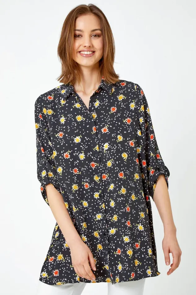 Women Black Daisy Print Longline Tunic Shirt Roman Tops