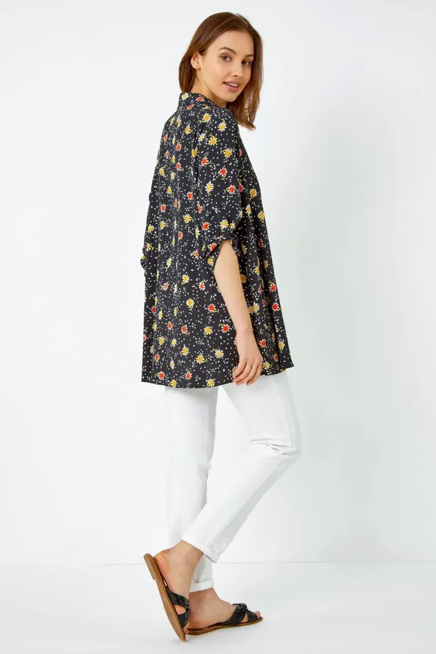 Women Black Daisy Print Longline Tunic Shirt Roman Tops