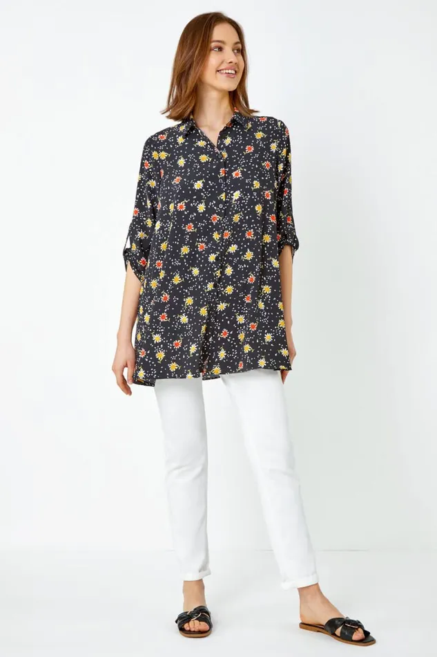 Women Black Daisy Print Longline Tunic Shirt Roman Tops