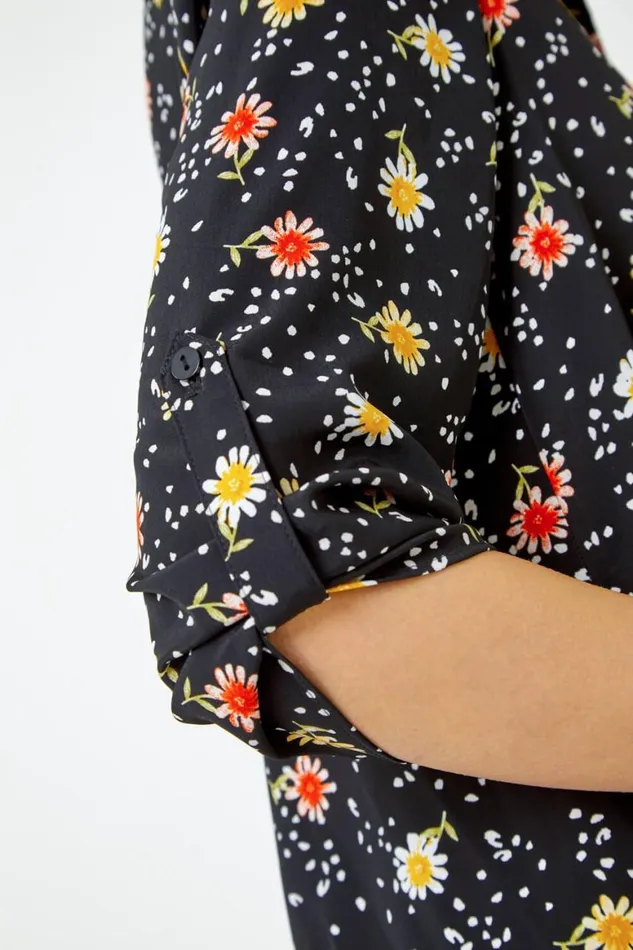 Women Black Daisy Print Longline Tunic Shirt Roman Tops