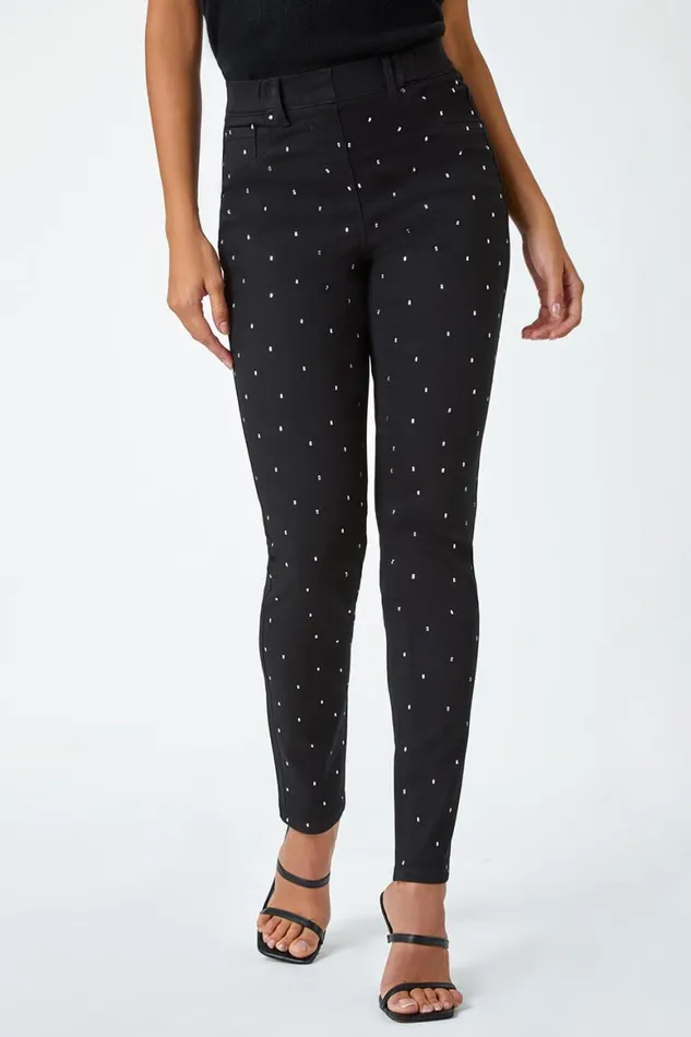 Women Black Diamante Embellished Stretch Jegging Roman Trousers