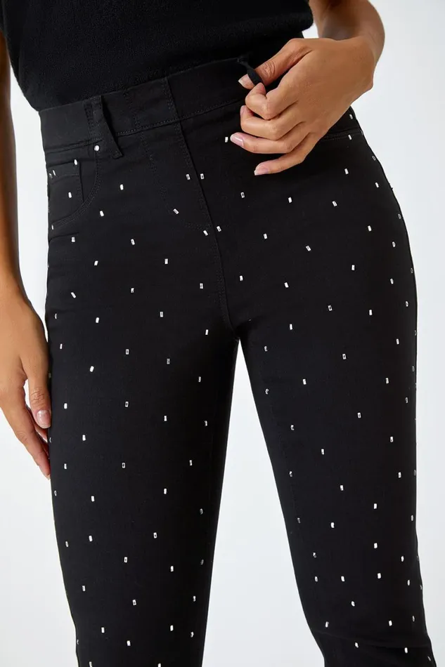 Women Black Diamante Embellished Stretch Jegging Roman Trousers