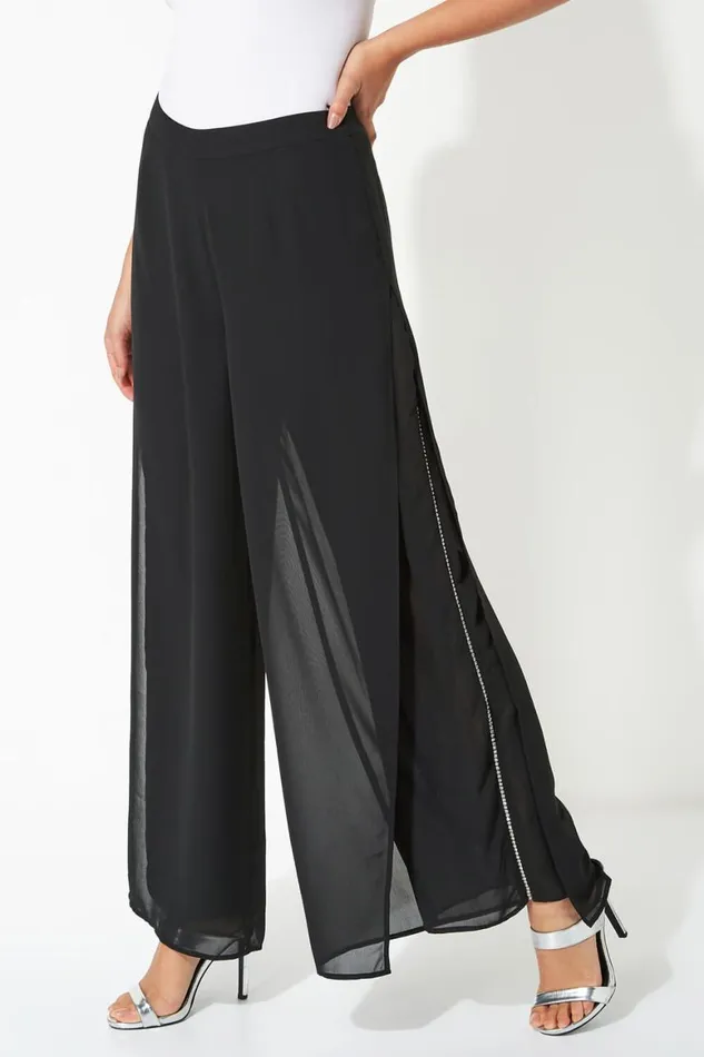 Women Black Diamante Side Split Chiffon Trousers Roman Occasionwear