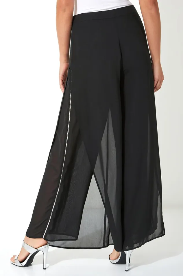 Women Black Diamante Side Split Chiffon Trousers Roman Occasionwear